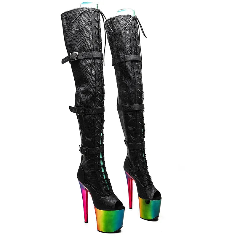 20CM/8inches Snake PU Upper Open Toe With Colorful Electroplate High Heel Platform Boots Pole Dance Boots