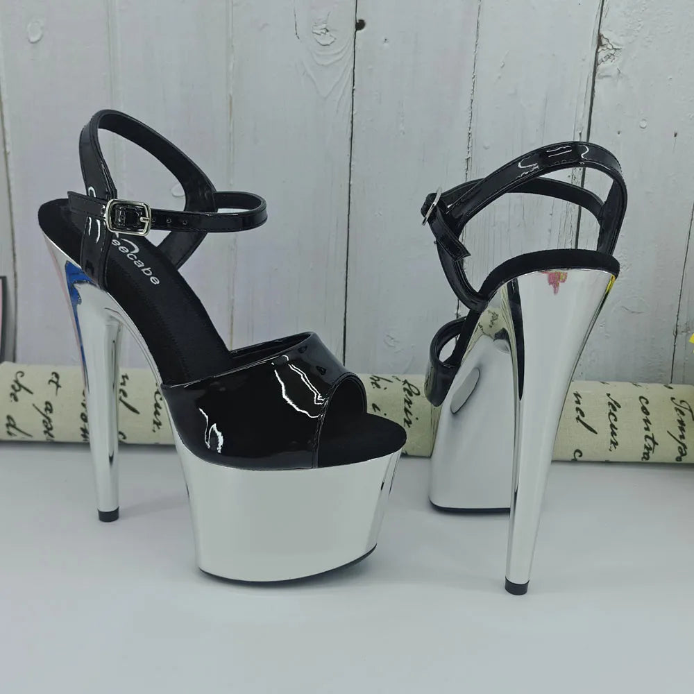 Shinny Silver Color 17CM/7Inch Beige Women's Platform Sandals party High Heels Shoes Pole Dancing Shoes