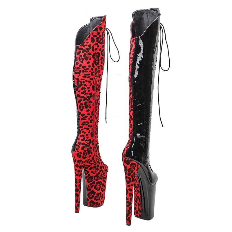 23CM/9inches Black patent with red Leopard fashion lady High Heel platform Pole Dance boots