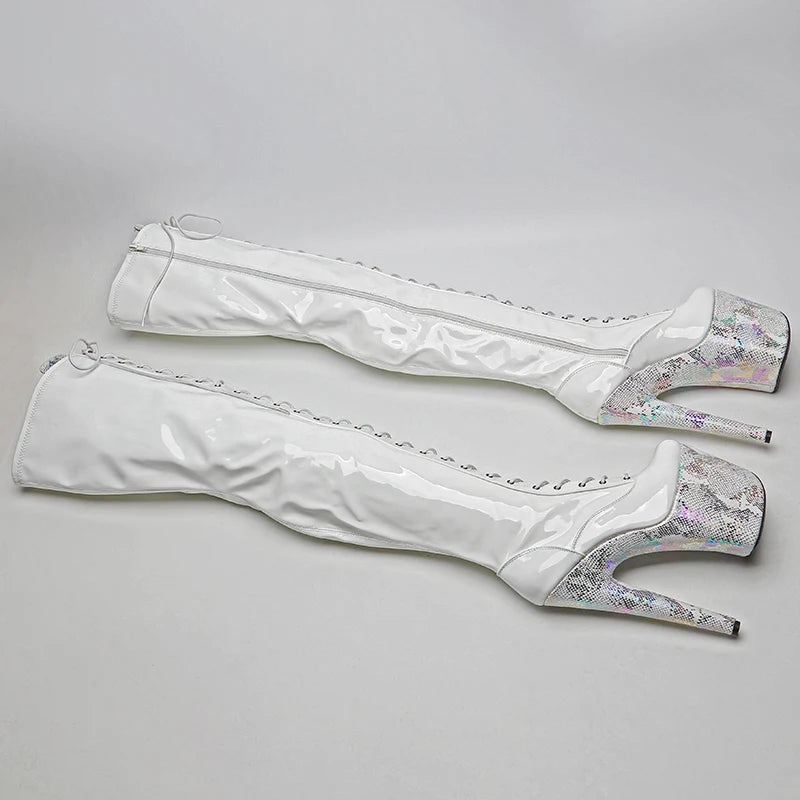 20CM/8inches Shiny Patent PU Upper with snake PU High Heel platform Boots Pole Dance boots