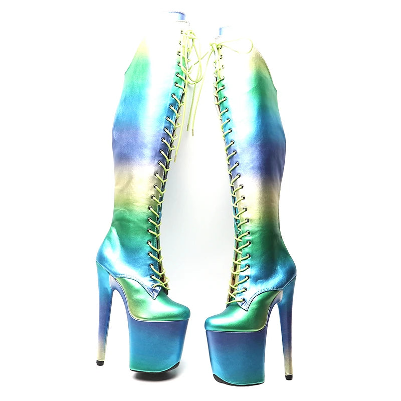 20CM/8inches Colorful PU Upper Women y Pole Dance Shoes High Heel Platform Lace up Thigh High Boots Pole Dance Boots