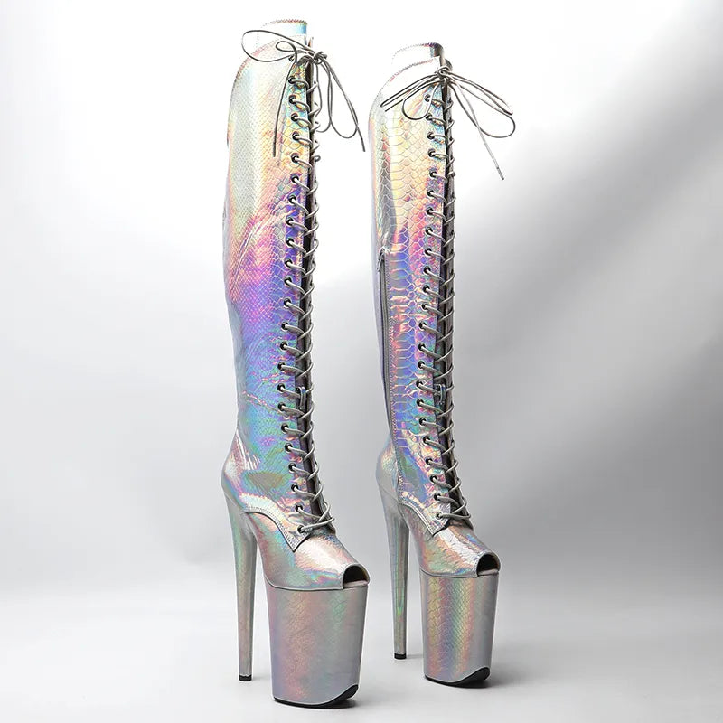 23CM/9inches Shiny Snake PU open toe fashion lady High Heel platform Pole Dance boots