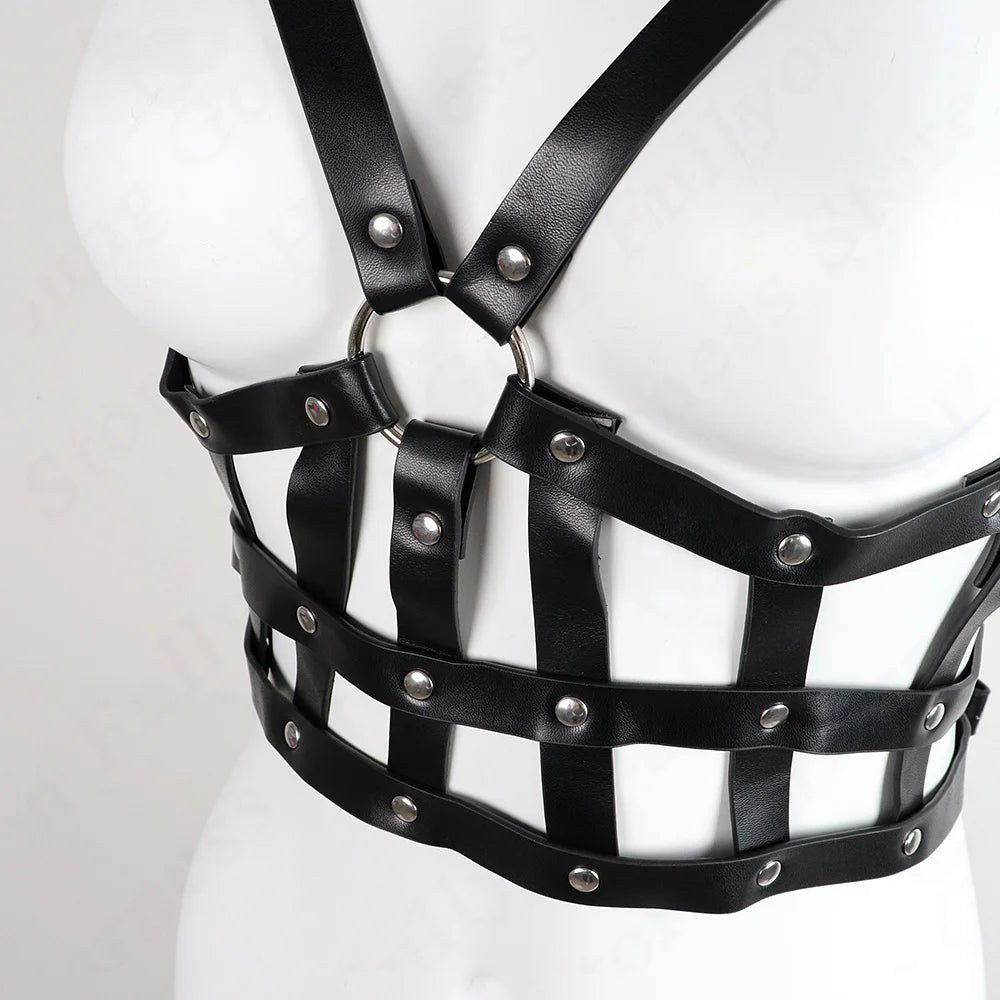 PU Leather Harness Body Set Women Gothic Lingerie Body Goth Corset Suspender Waist Leg Garters Rave Clothes