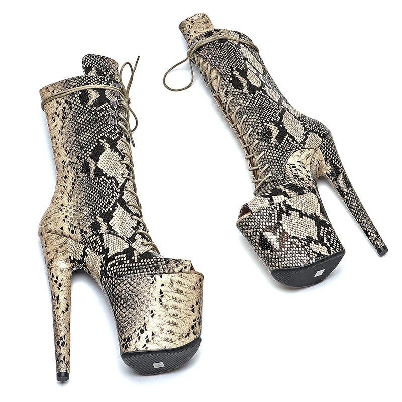 20CM/8Inch Snake PU Small Open Toe Platform Disco Party High Heels Mid Calf Boot Pole Dance Boot
