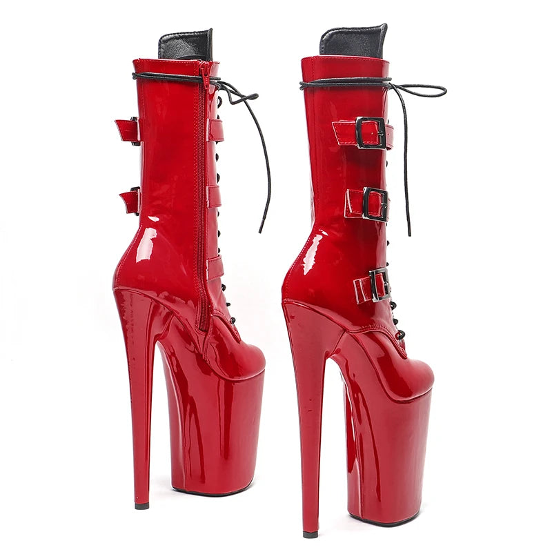 23CM/9inches Patent Upper High Heels Platform Mid Calf Boots Lace Up y Pole Dancing Boot