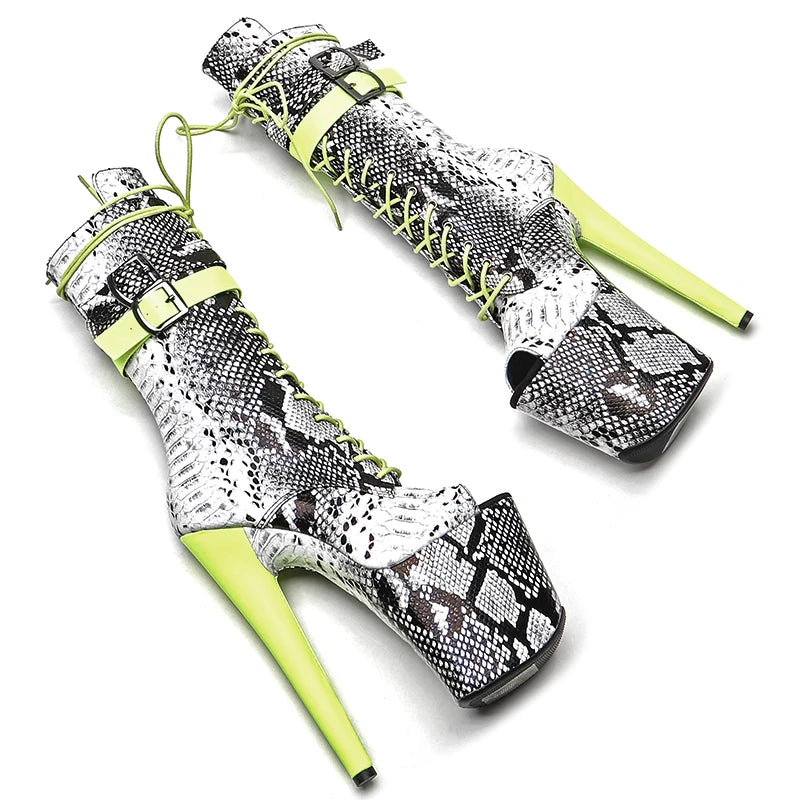20cm/8inches Snake Upper with Matte PU Open Toe Fashion High Heel platform Pole Dancing boots