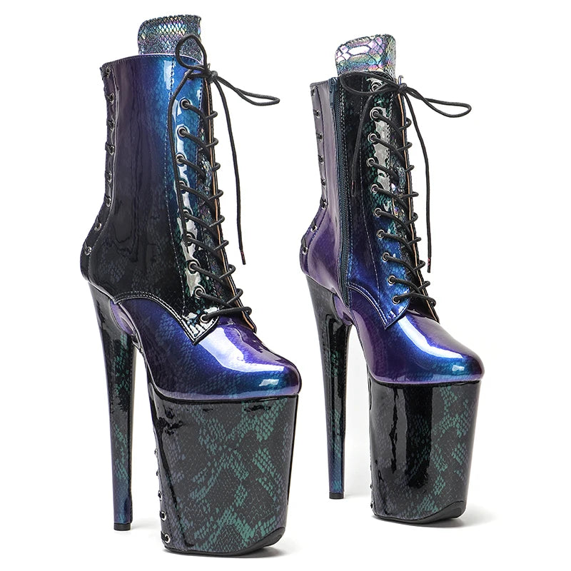 23CM/9inches shinny Snakeskin material lace up sole and upper High Heels Pole Dance boot