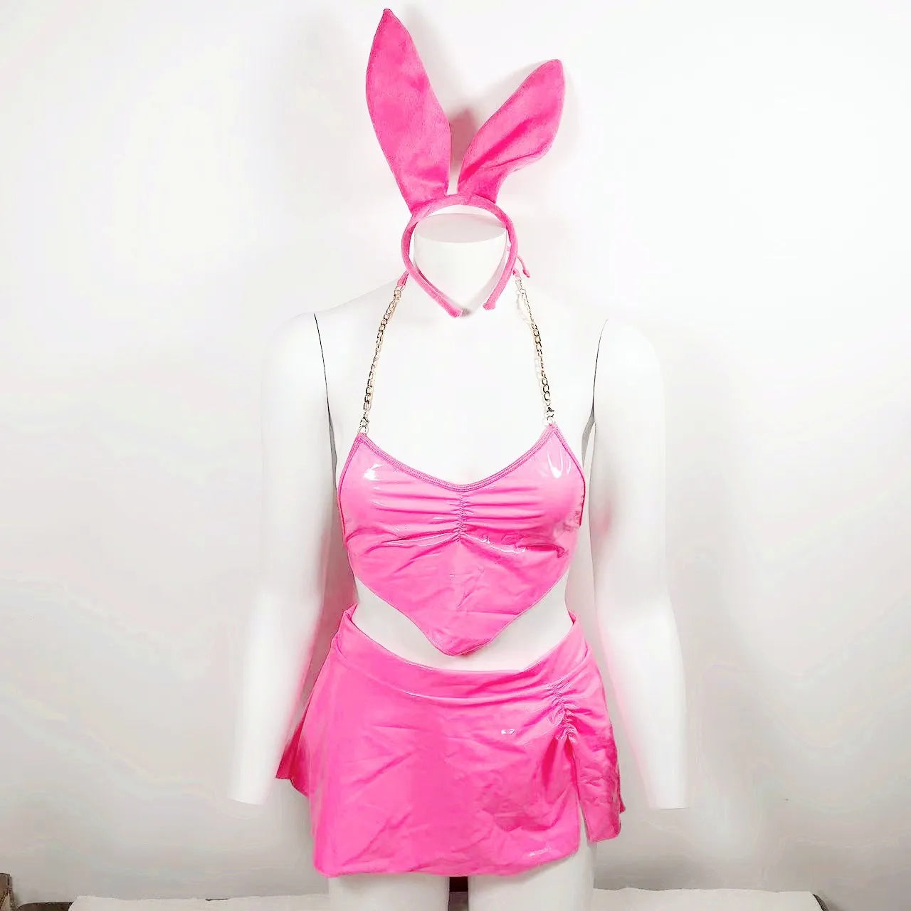Ellolace Latex Lingerie Neon Pink Underwear Women 3-Piece Bunny Sexy PVC Outfit Sexy Nightclub Leather Erotic Costumes