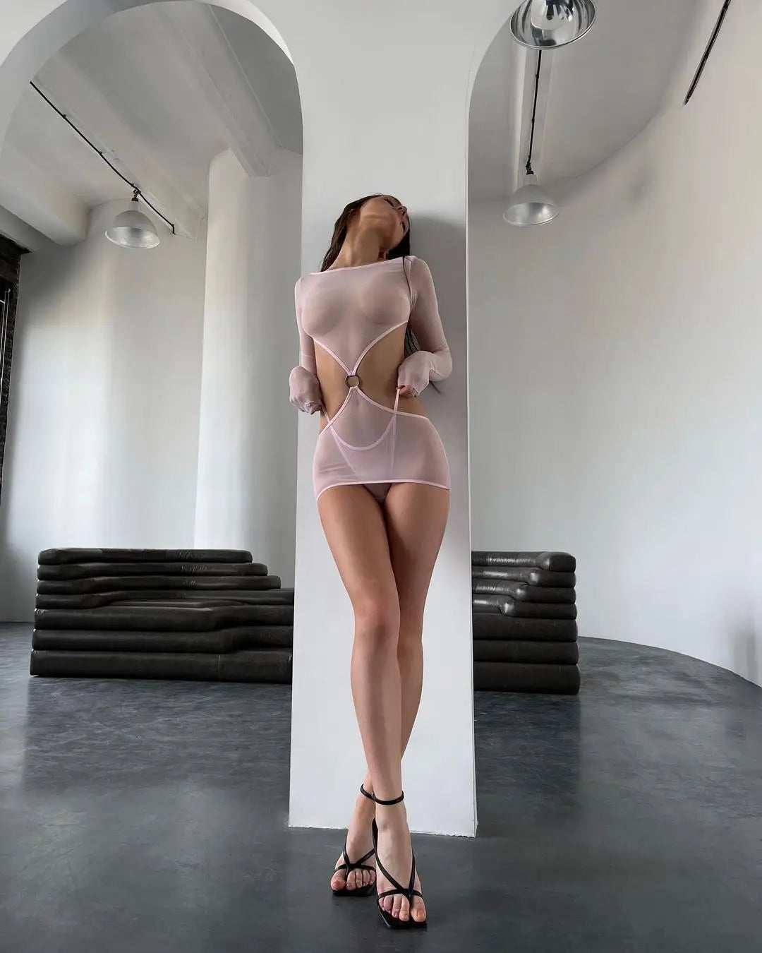 Sensual Lingerie Transparent Babydoll Sheer Mesh Cutout Waist Dress Hot Outfit Uncensored Tulle Costume