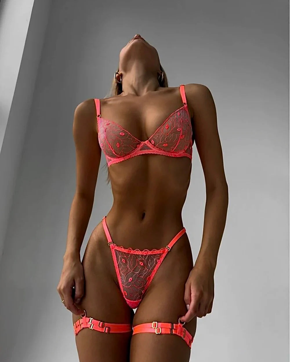 Ellolace Fancy Erotic Lingerie Neon Orange Lace Well-Looking Underwear Desire Hot Girl Fantasy Sexys Naked Bilizna Set Of Sex