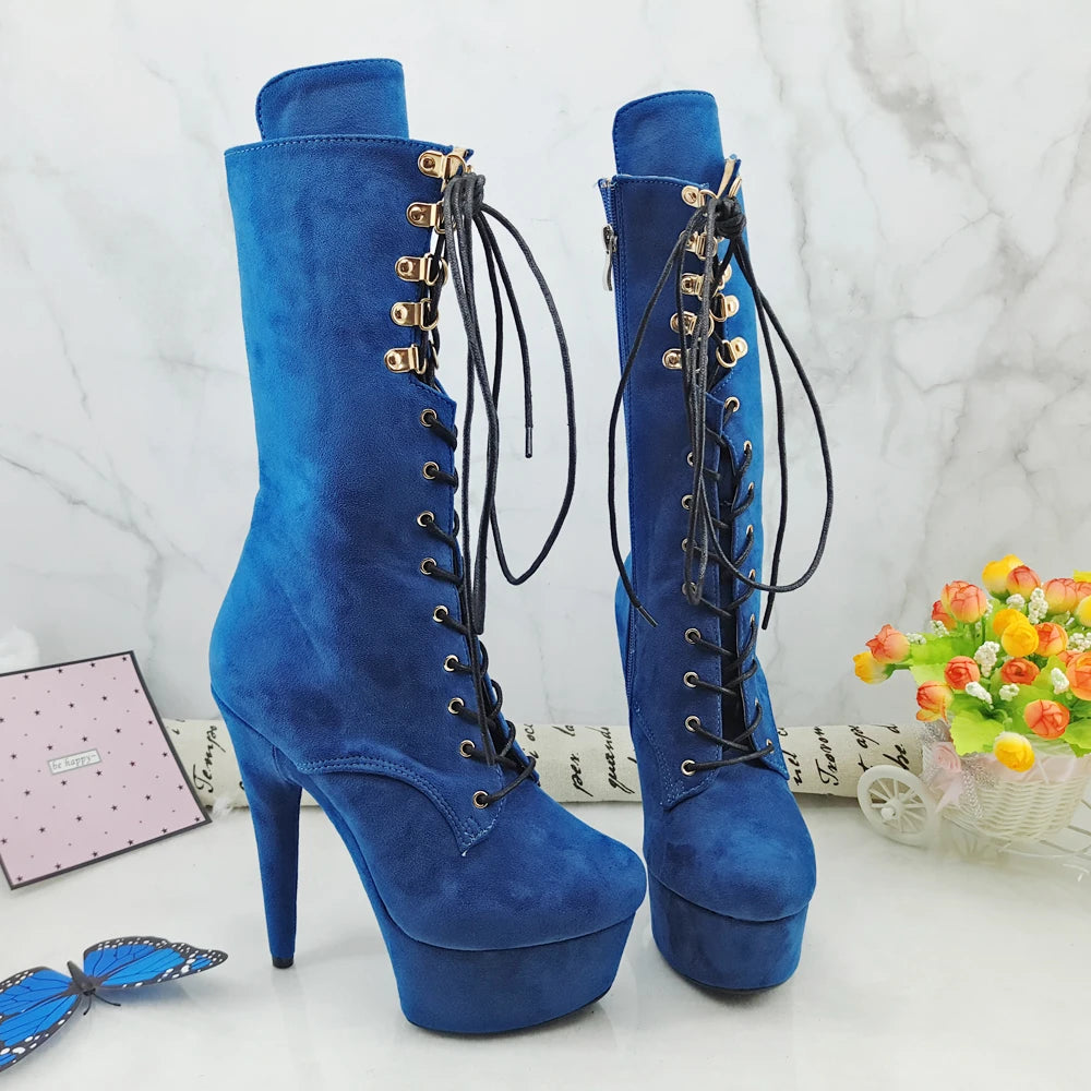 Blue Suede 15CM/6inches Pole dancing shoes High Heel platform Boots closed toe Pole Dance booties
