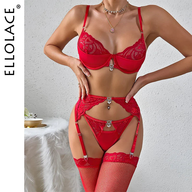 Ellolace Valentine Lingerie Red Lace Female Slip Underwear Silk Delicate Pendant Sexy Outfits For Woman Garter Intimate Stocking