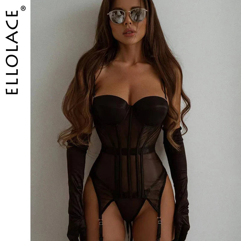 Ellolace Lingerie Corset Outfits 4-Piece Seamless Sexy Porn Underwear Uncensored Sheer Lace Sissy Erotic Set Black Intimate