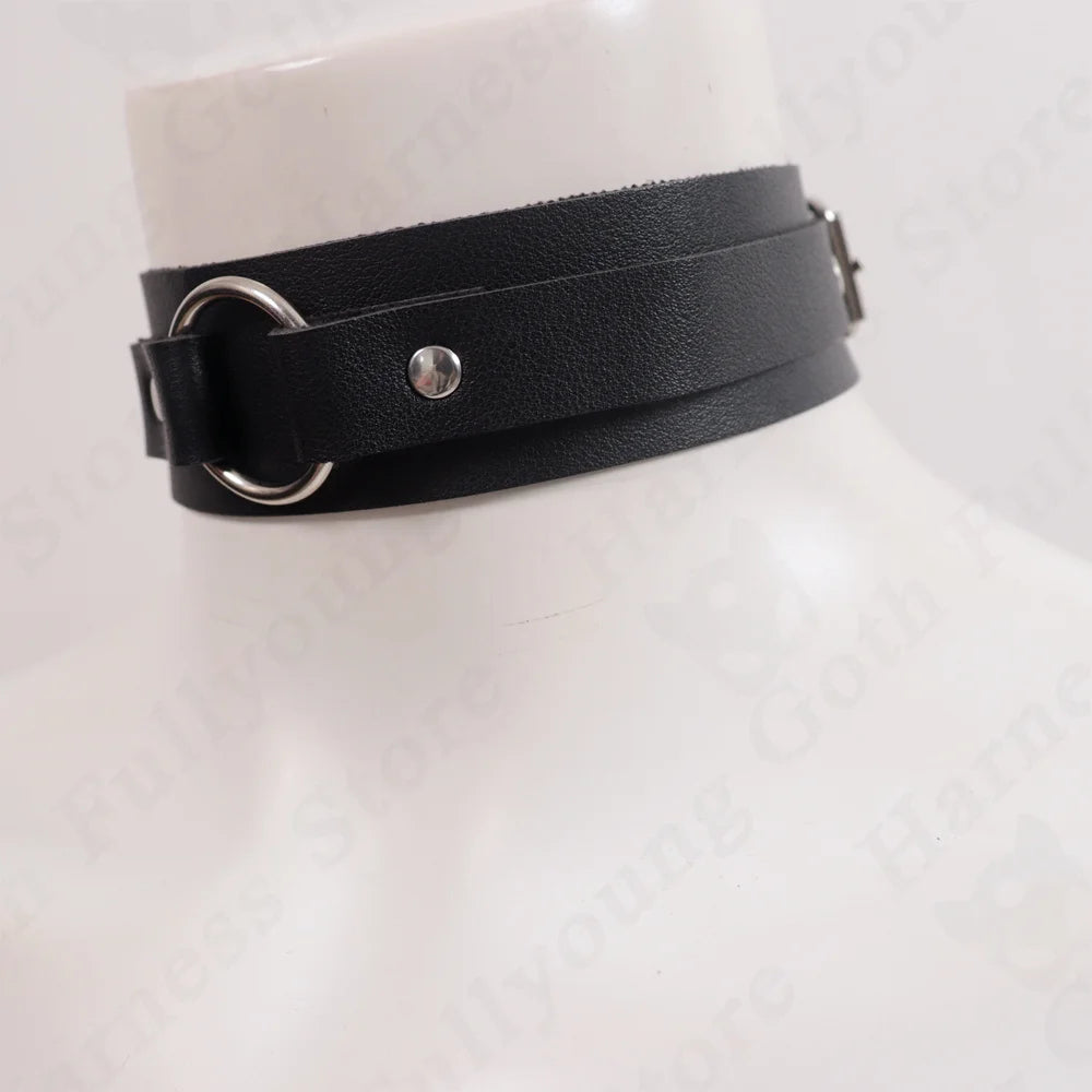 Gargantilla de cuero PU Harajuku para mujer, collar redondo de Metal Punk Rock gótico llamativo, accesorio de joyería de fiesta de Anime