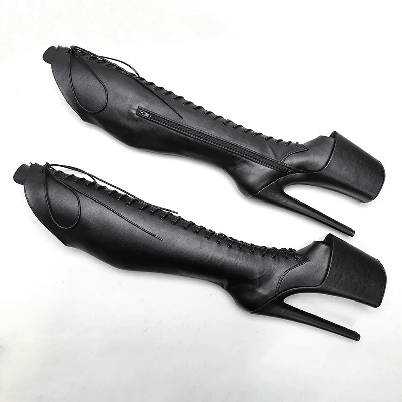 23CM/9inches matte PU upper y boots Open Toe High Heels Platform Pole Dance shoes knee high boots 5B