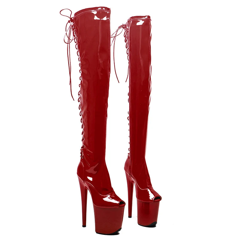 20CM/8inches Shiny Patent PU Upper Trend Fashion Small Open Toe High Heel Platform Boots Pole Dance Boots