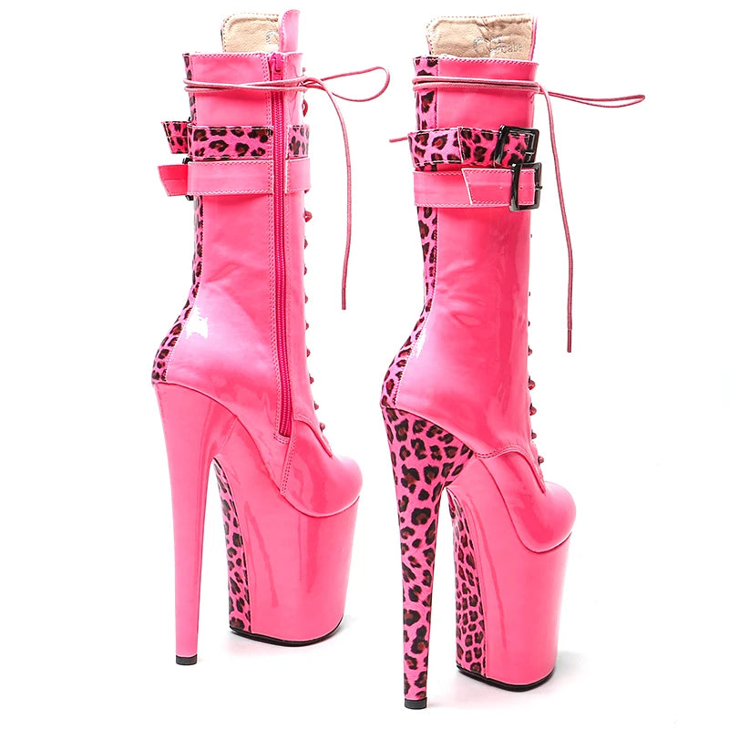 20cm/8inches Patent PU With Leopard Upper Fashion High Heel platform Pole Dancing boots