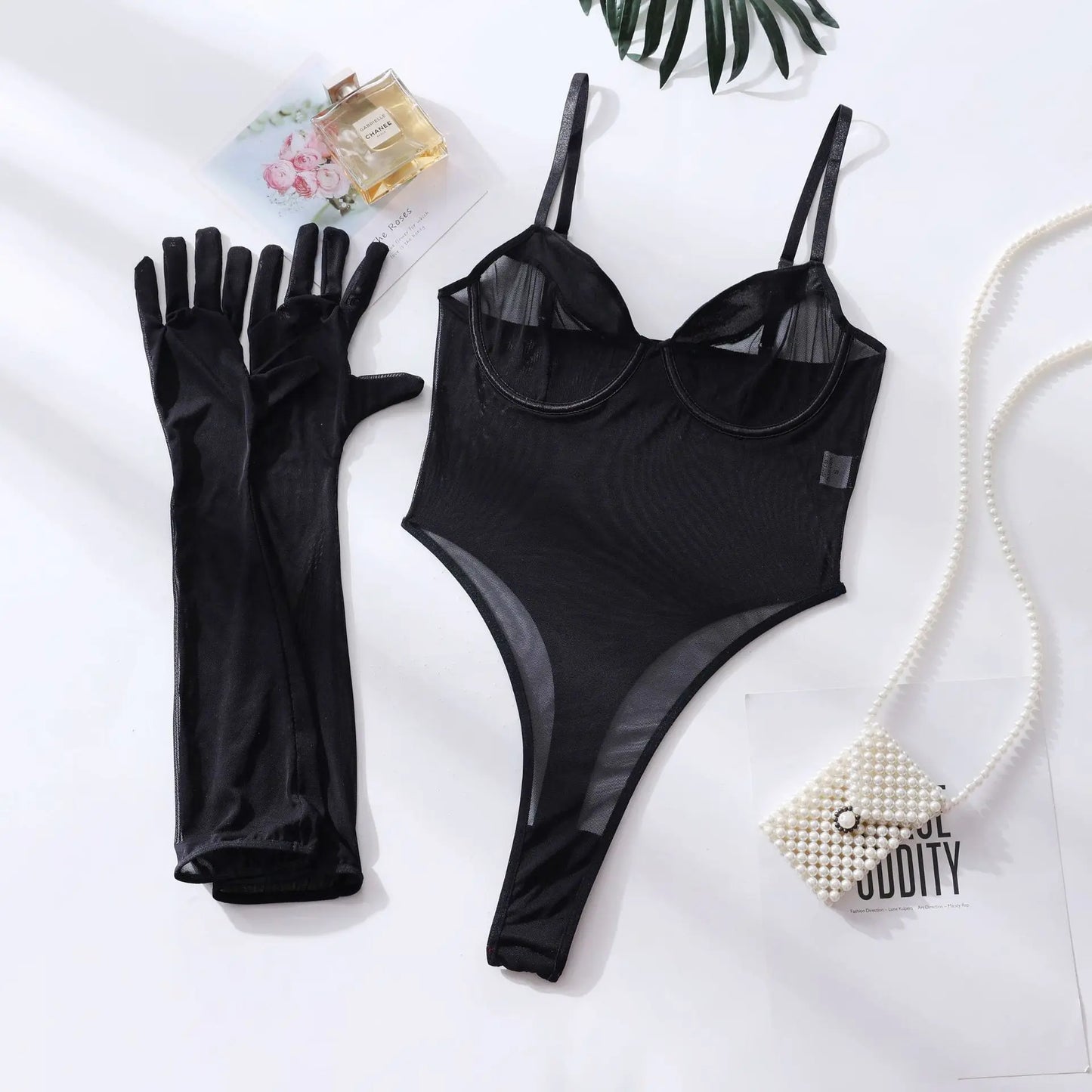Mesh Body One Piece Bodycon Lace Tight Teddy Fantasy Bodysuit With Long Gloves Sheer Lace Tops