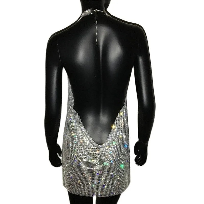 Luxury Crystal Rhinestone Sequins Mini Dress 2023 NEW Women Halter Backless Slit Metal Mesh Cocktail Evening Party Dresses