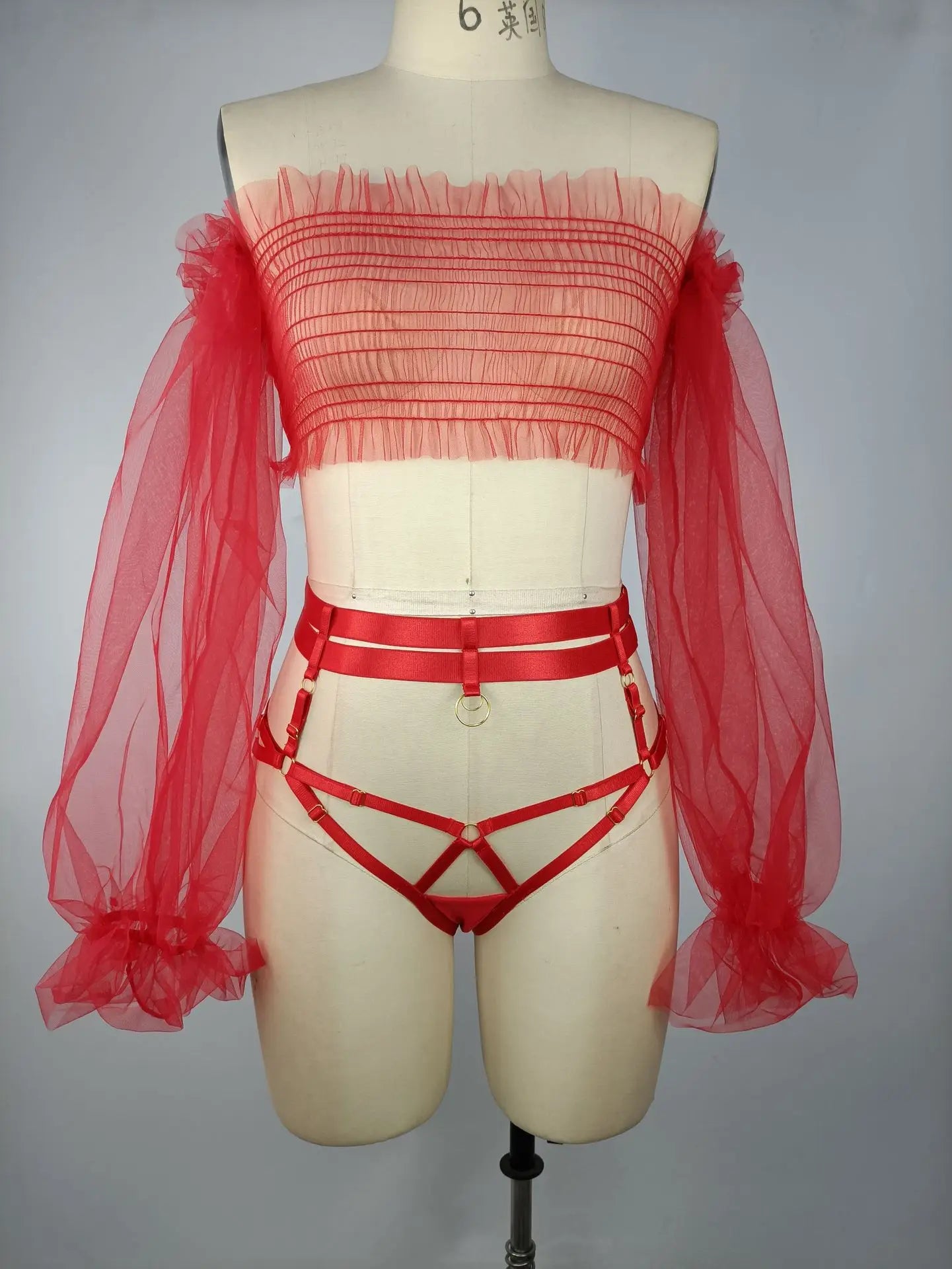 Sheer Mesh Off Shoulder Lingerie Sets Crotchless Outfits Uncensored Long Sleeve Transparent Intimate