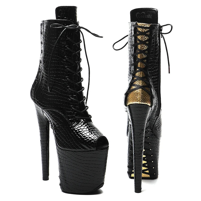 20CM/8Inch Shiny PU with Gold color Small open toe Platform disco party High Heels Shoes Pole Dance boot