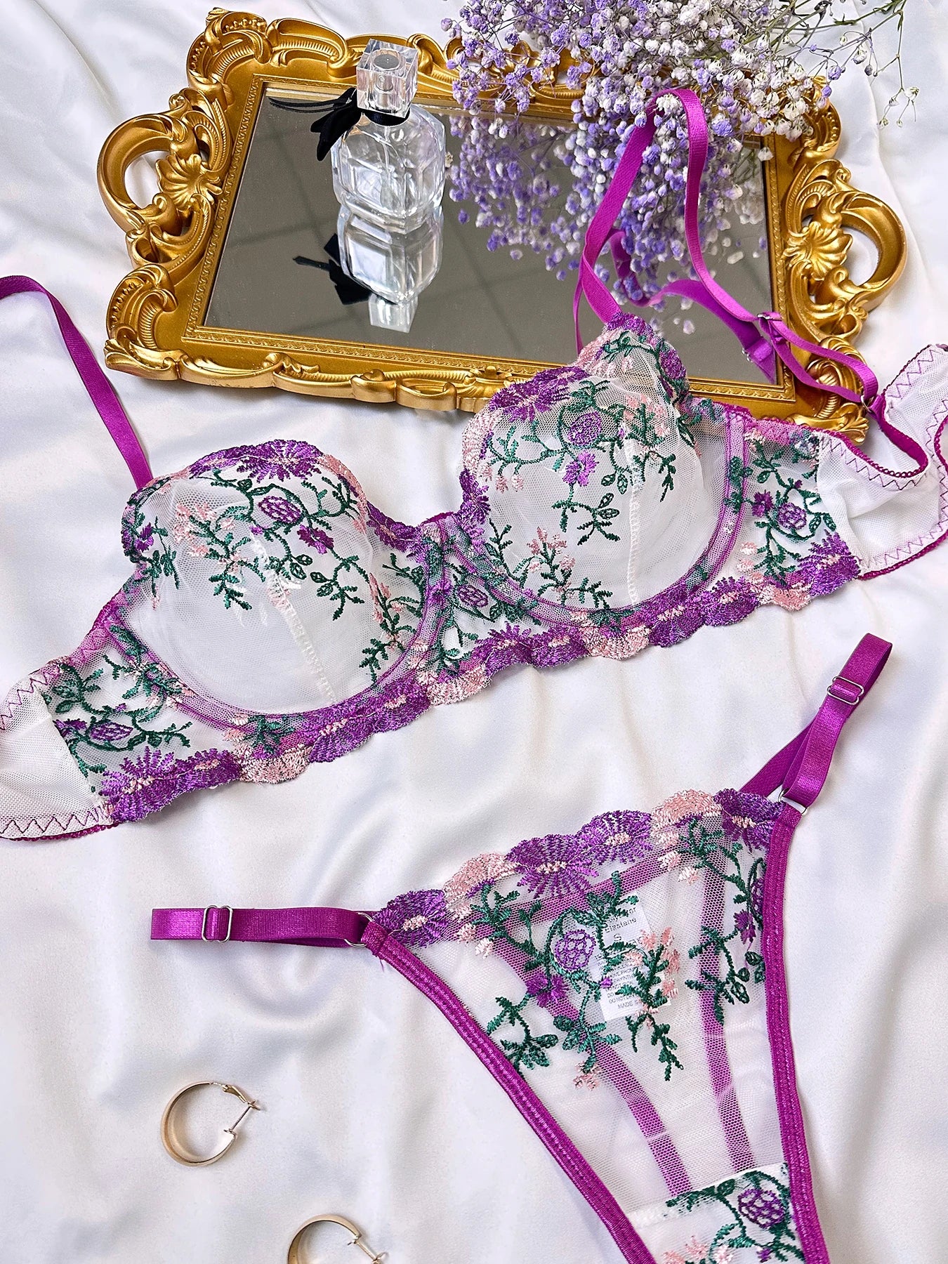 Floral Lingerie Fairy Transparent Lace Bra Set Tulle Underwear Matching Sets See Through Bilizna Set Beautiful Intimate
