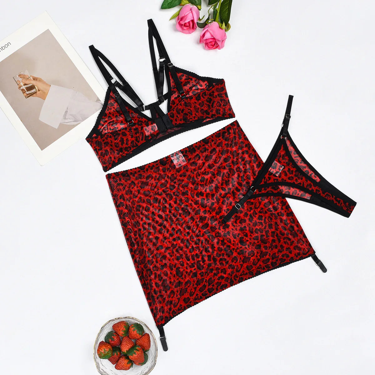Traje de lencería de leopardo, ropa interior roja y negra, traje transparente de encaje, disfraces sexys, tirantes íntimos