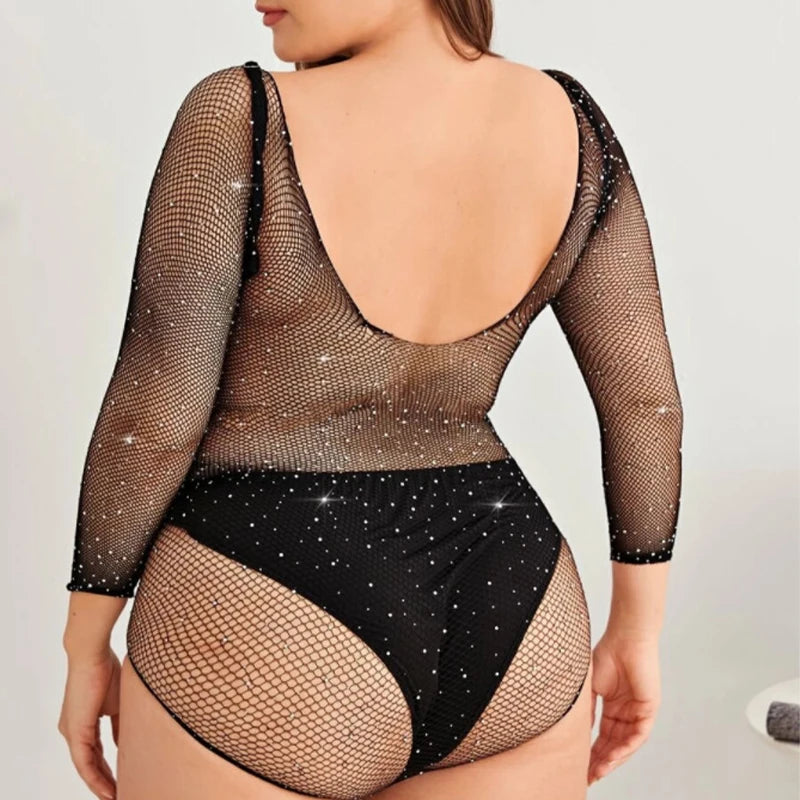 Plus Size Lingerie Bling Rhinestone Fishnet Bodysuit Transparent Dress Women Mesh Tights Exotic Outfits For