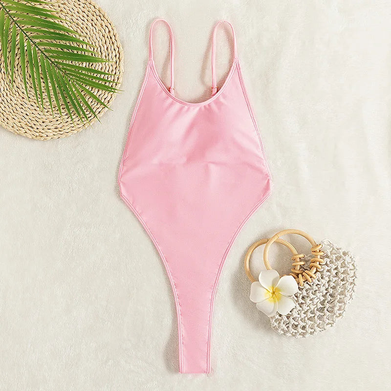 Backless Thongs Swimsuit y One Piece Monokini Brazilian Bathing Suit High Leg Bikinis Beachwear Light Pink Body
