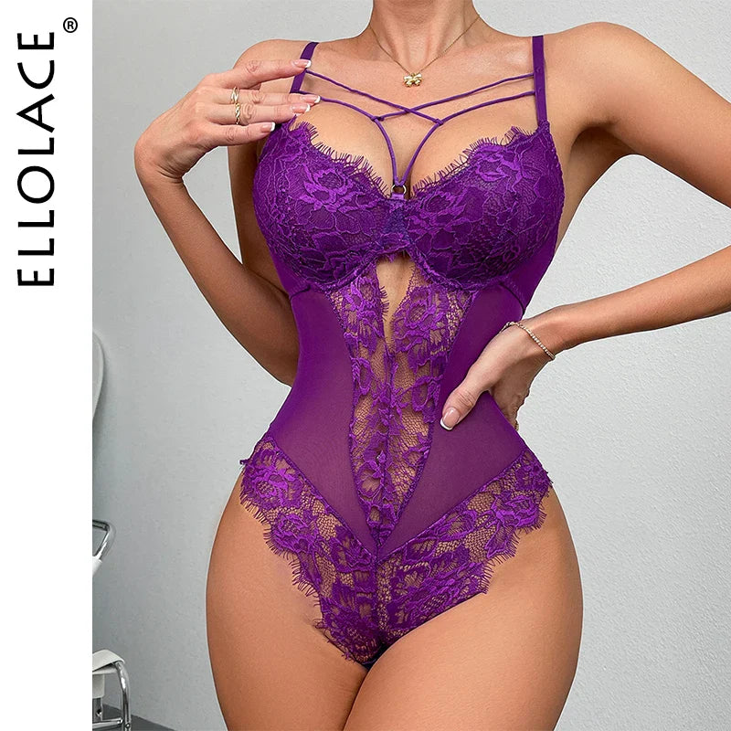Ellolace Sexy Fantasy Bodysuit Lace See Through Seductive Bodysuits Crotchless Sissy Sexy Tops Bodycon Babydoll Tights