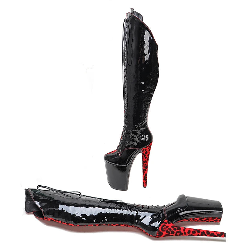 23CM/9inches Black patent with red Leopard fashion lady High Heel platform Pole Dance boots