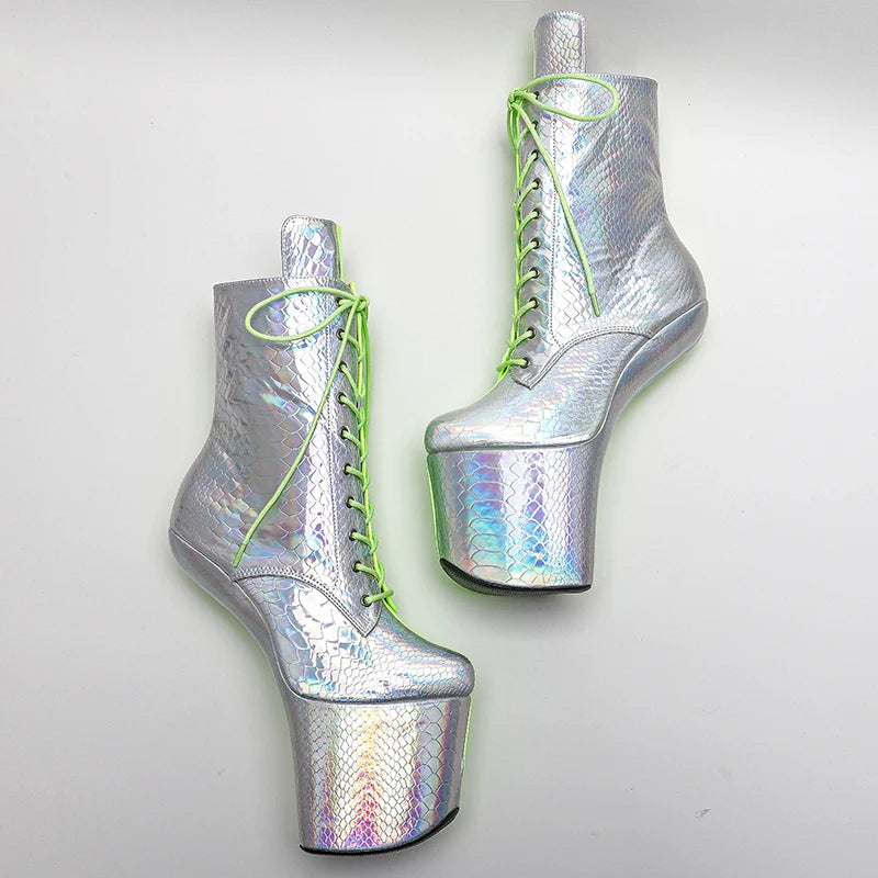 PU Upper Silver with green color Platform Ankle Boots y Exotic heelless pole dance shoes