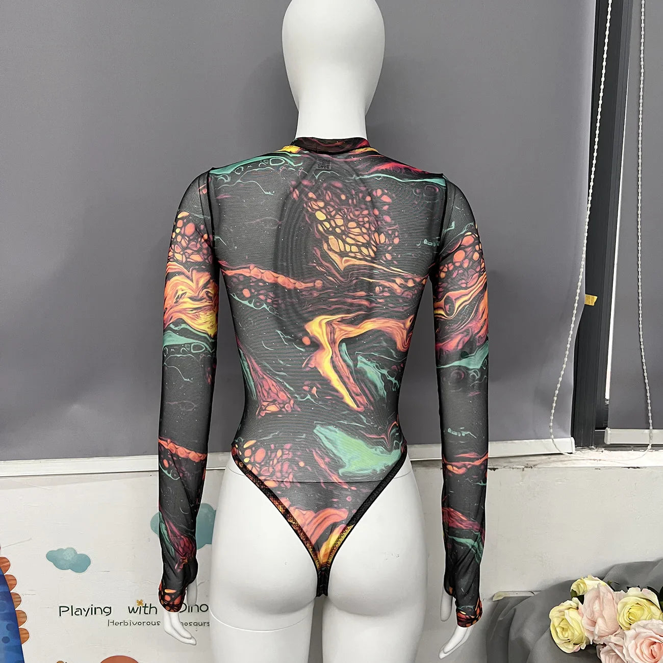 Ellolace Tie Dye Bodysuit Long Sleeve Lingerie Body Uncensored Tight Fitting Woman Crotchless Mesh Sexy Tops See Through Outfit