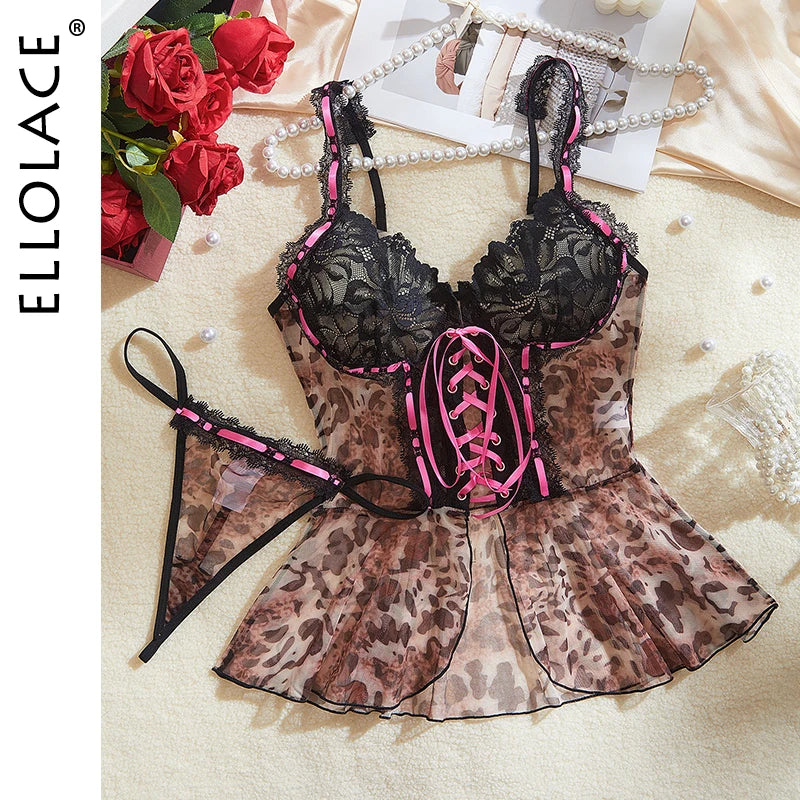 Ellolace Leopard Dress Sissy Babydoll Erotic Lingerie Lace Sleepwear G-String Sex Suit Neon Lace Up Super Sexy Night Dresses