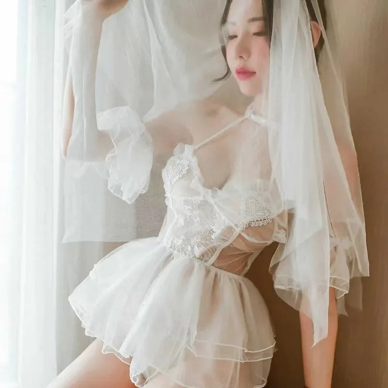 Lingerie Women Cosplay Wedding Dress Uniform Dress Lace Babydoll Underwear Lingerie Role Play Maid Costume