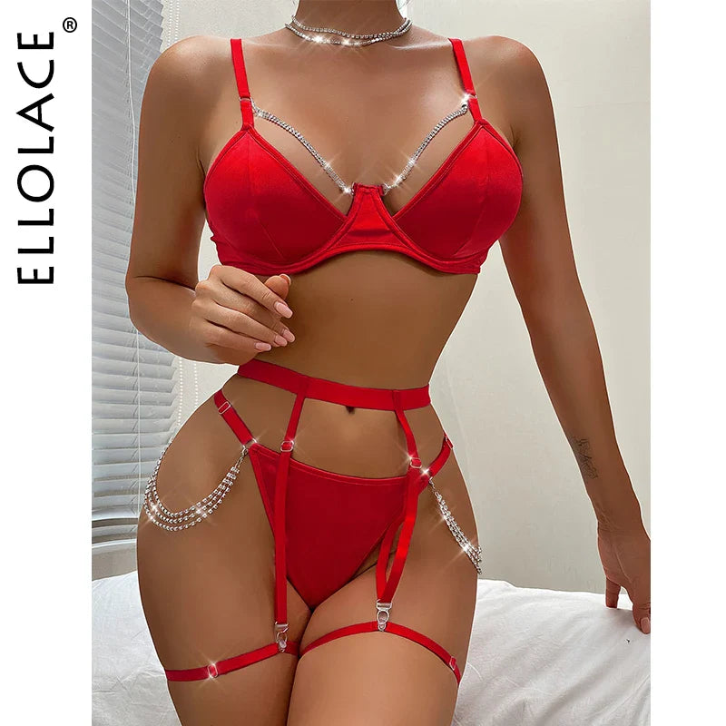 Ellolace Valentine's Day Silk Lingerie Luxury Rhinestone Underwear 4-Piece Garter Erotic Sets Red Intimate Without Censorship