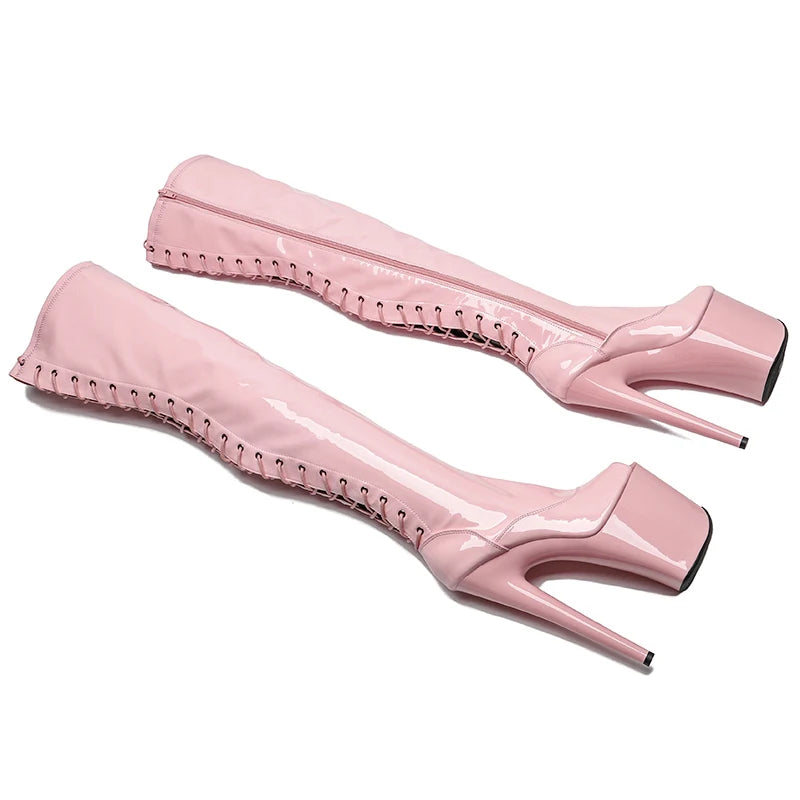 20cm/8inches Patent Leather Extreme High Heels Platform Boots Lace Up y Pole Dancing thigh high boots 5K