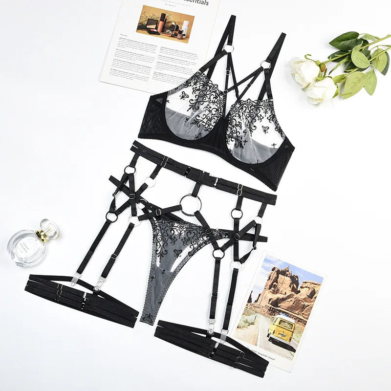 Fancy Lingerie Sujetador cruzado Ropa interior de encaje transparente floral 4 piezas Hada sensual Íntimo sin censura y conjuntos exóticos