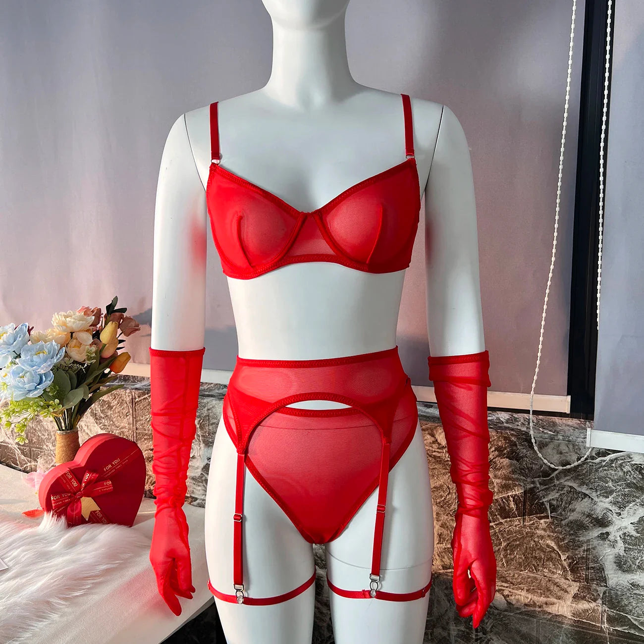 Ellolace Seamless Lingerie With Long Gloves Lace Seamless Underwear Intim Goods Sexy Outfits See Through Bra And Panty Set