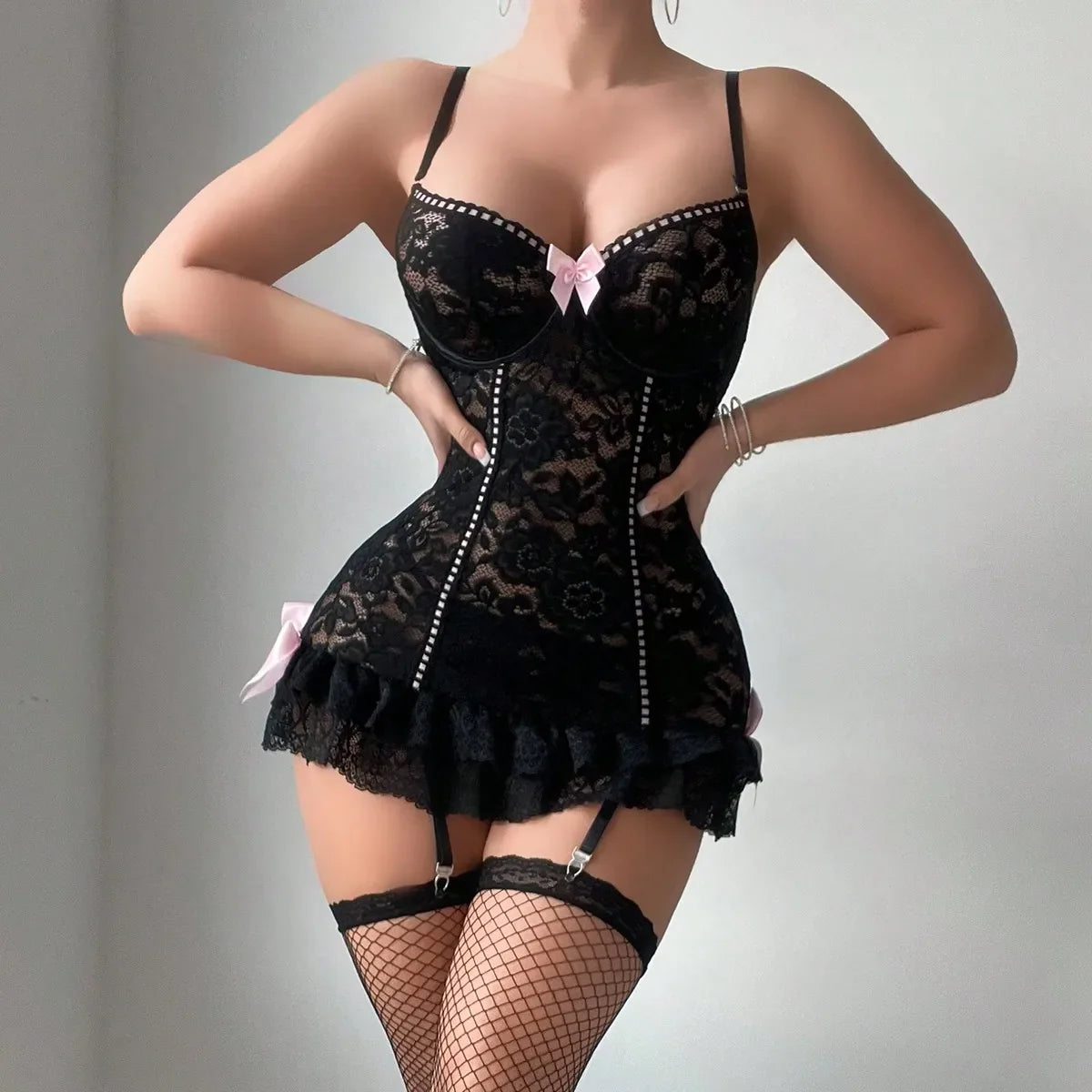 Ellolace Sexy Lace Ruffle Dress Bodycon Sets 3 Pieces With Stocking Bowknot Youth Woman Body Music Festivals