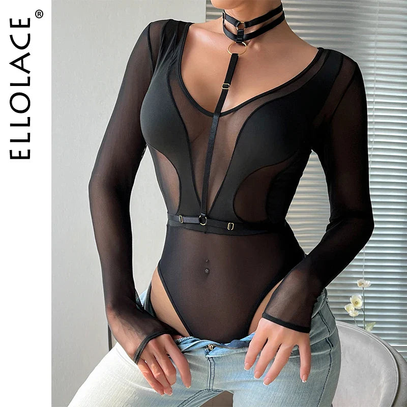 Ellolace Transparent Lace Bodysuit Long Sleeve Sexy Tops One Pieces Women's Bodice Youthful Sissy Halter Skin Mesh Black Body