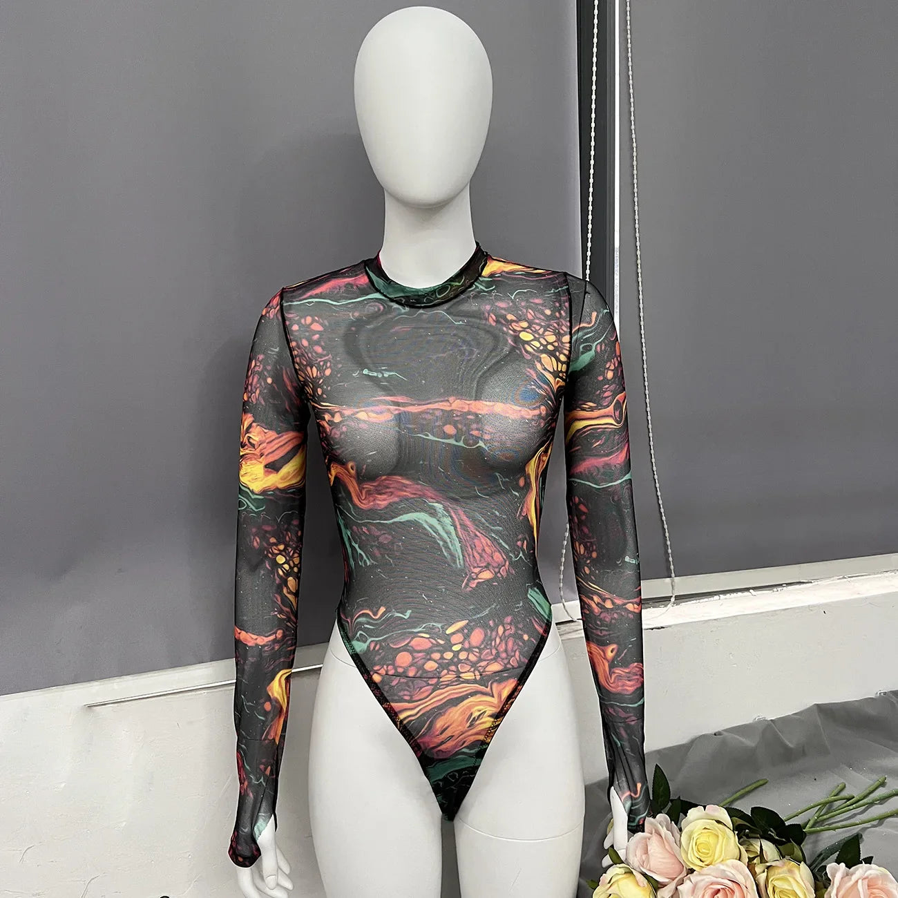 Ellolace Tie Dye Bodysuit Long Sleeve Lingerie Body Uncensored Tight Fitting Woman Crotchless Mesh Sexy Tops See Through Outfit