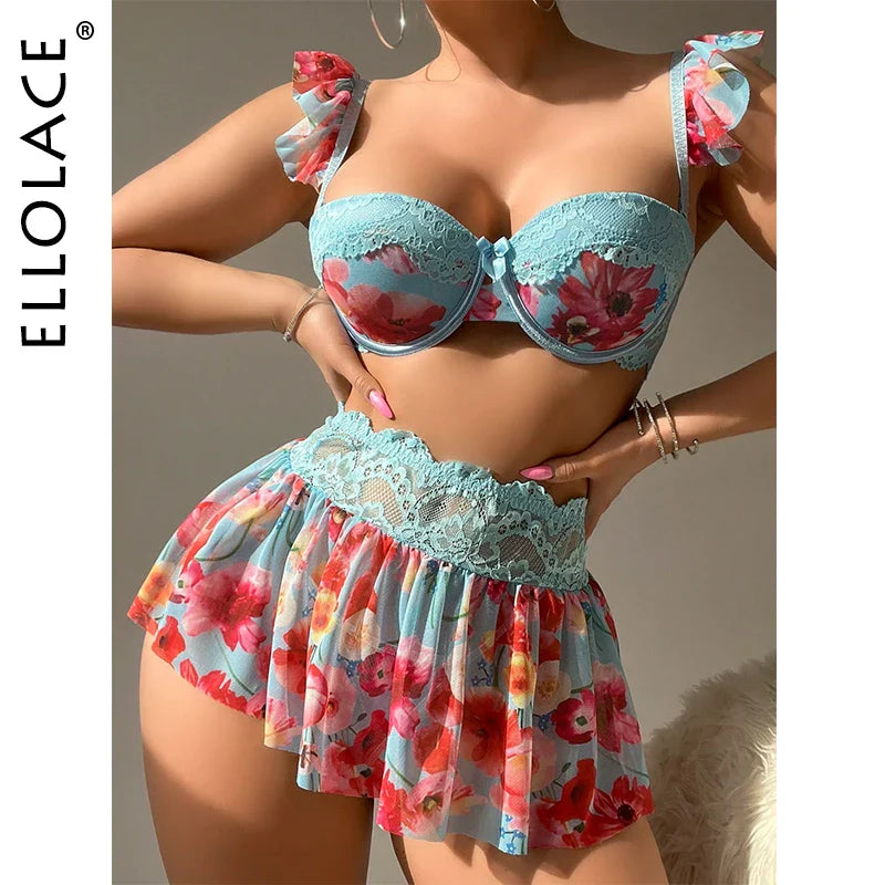 Ellolace Floral Lace Lingerie Sets Fancy Padded Push Up Bra Lace Skirt Thongs Ruffle Strap Briefs Kit Fairy Bilizna Intimate Set