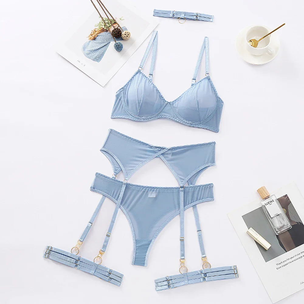 Ellolace Set Woman 4 Pieces Sexy Erotic Lingerie Underwear Bra Garters Brief Sets Transparent Lace Seamless Blue Setup Ladies
