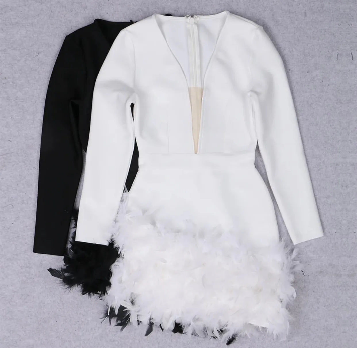 hirigin Sexy Women Mini Bodycon Dress Mesh Patchwork Feather Trim Long Sleeve Dress Fall Eveing Party Dress vestido feminino
