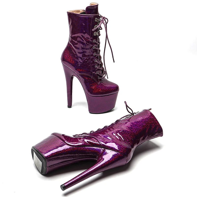 17CM/7inches Patent Upper Women Fashion High Heel Platform Lace up Ankle Boots Pole Dance Boots