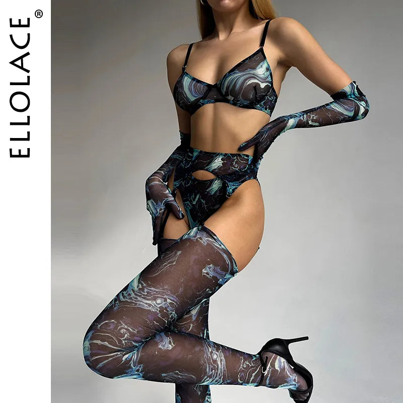 Tie Dye Lingerie With Stocking Sleeve Sexy Fancy Underwear 5-Piece Uncensored Intimate See Through Mesh Sensual Outfits