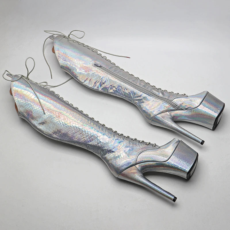 17CM/7inches holography Snake Upper Small Open toe Pole dancing shoes High Heel platform Pole Dance boot