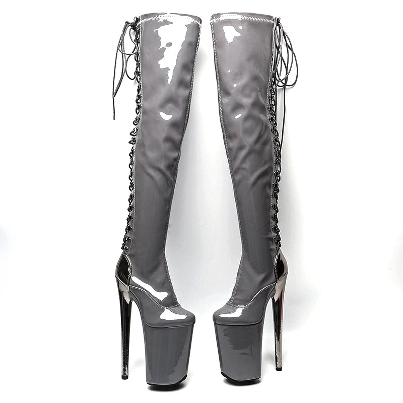 23CM/9inches patenr leather Knee High Boots For Women Chunky Platform y High Boots Party Shoes Ladies 5B