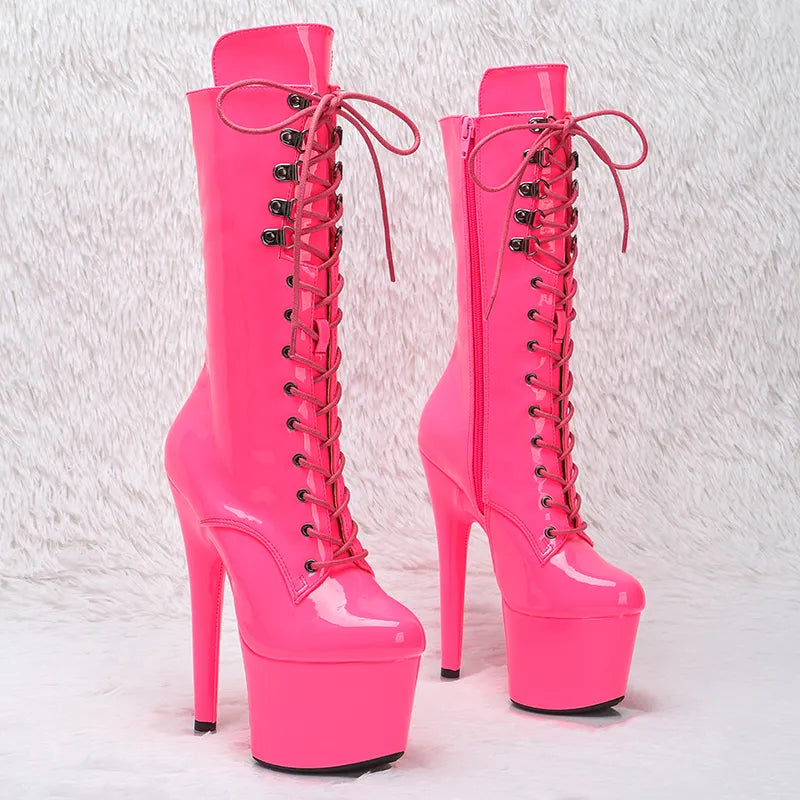 17CM/7inches Patent PU Material High Heel Platform Mid Calf Boot Pole Dance Boot